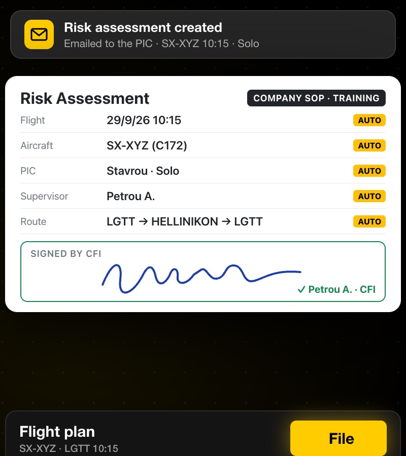 A BRIEF risk assessment for a solo training flight, signed by the PIC, with the File button below